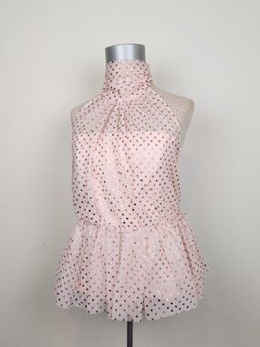 Venus Size M Pink Sheer Mesh Rose Gold Polka Dot Ruffle Hem Halter Top